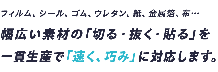 フィルム、シール、ゴム、ウレタン、紙、金属箔、布…幅広い素材の「切る・抜く・貼る」を一貫生産で「速く、巧み」に対応します。