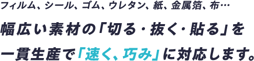 フィルム、シール、ゴム、ウレタン、紙、金属箔、布…幅広い素材の「切る・抜く・貼る」を一貫生産で「速く、巧み」に対応します。